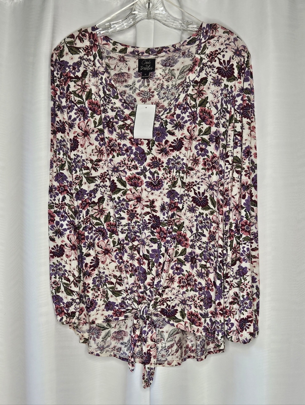 Oak & Trellis pullover long sleeve shirt elasticized sleeve hem waist tie